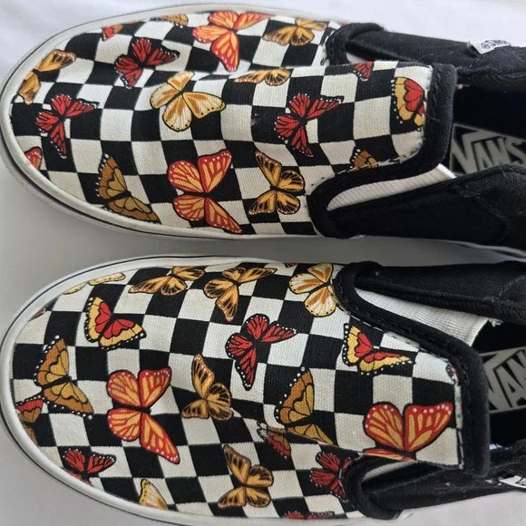 Vans Girl's Asher Butterfly Checker Multi Canvas Slip‎ On Skate Shoes - Size 3 - Picture 2 of 8